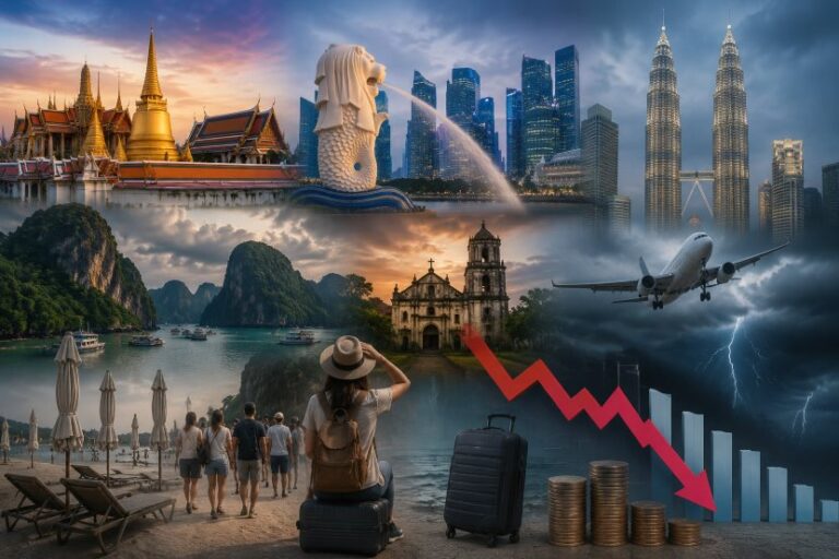 Collage of iconic travel scenes (Bangkok temples, Merlion fountain, Singapore skyline, Kuala Lumpur Petronas Towers, a beach with tourists) and a traveler with hat and luggage looking at a red downward graph with coins, suggesting travel downturn.