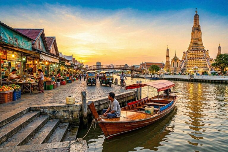 Sunset along a river market with fruit stalls, a wooden boat docked at stone steps, and a tall ornate temple spire in the background.