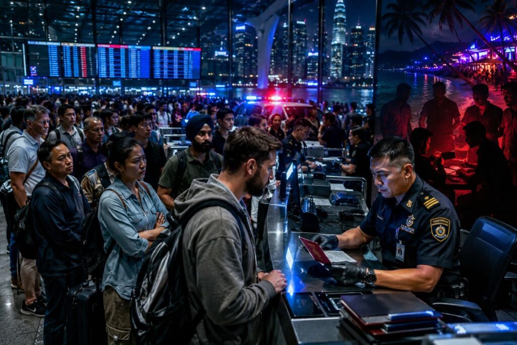 Line of travelers waiting in a crowded security checkpoint as an officer checks a passport at a counter, city lights in the background at night.
