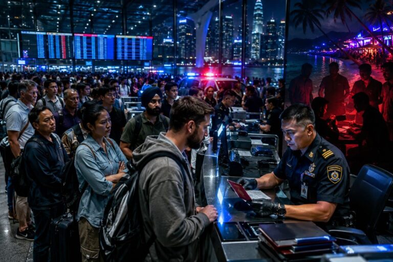Line of travelers waiting in a crowded security checkpoint as an officer checks a passport at a counter, city lights in the background at night.