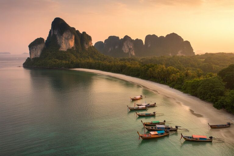 Sunset over a calm bay with a curved sandy beach, colorful boats anchored near the shore, and forested limestone hills in the distance.