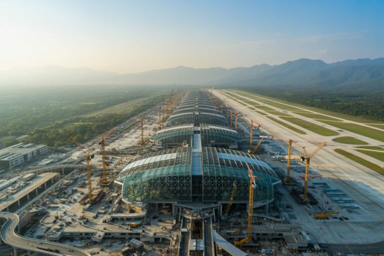 Aerial view of a modern airport terminal under construction with glass-domed modules and crane towers along a runway.