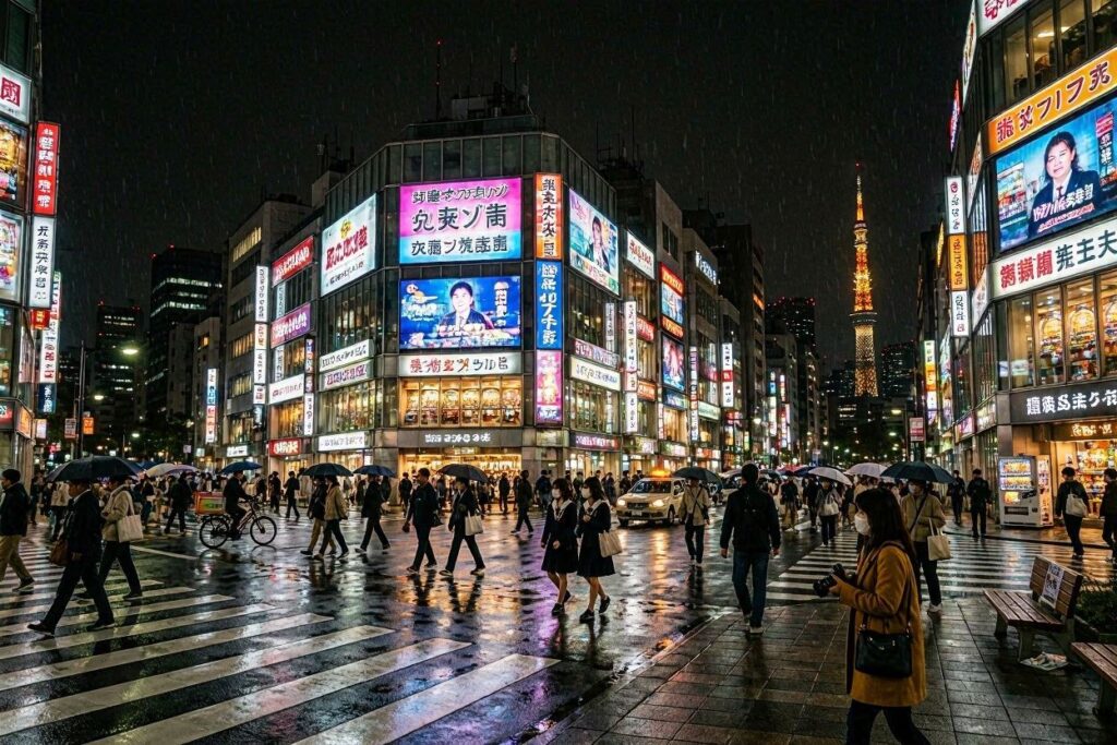 Nighttime Tokyo crosswalk with pedestrians under umbrellas, neon signs, and Tokyo Tower in the distance.