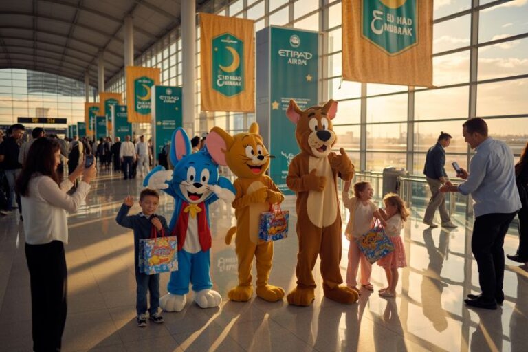 Costumed characters greet children in an airport terminal, posing for photos with gift bags as adults take pictures.