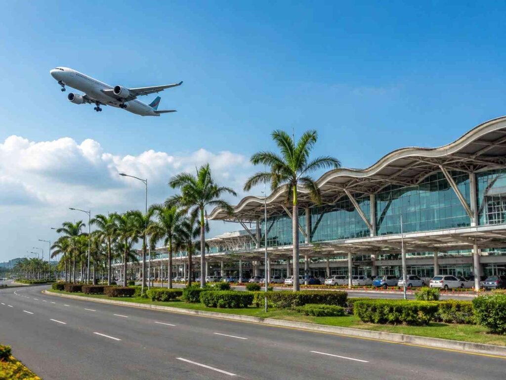 Airplane taking off above a modern airport terminal with glass facade and palm trees lining the curb.
