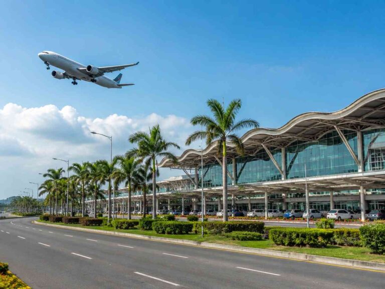 Airplane taking off above a modern airport terminal with glass facade and palm trees lining the curb.