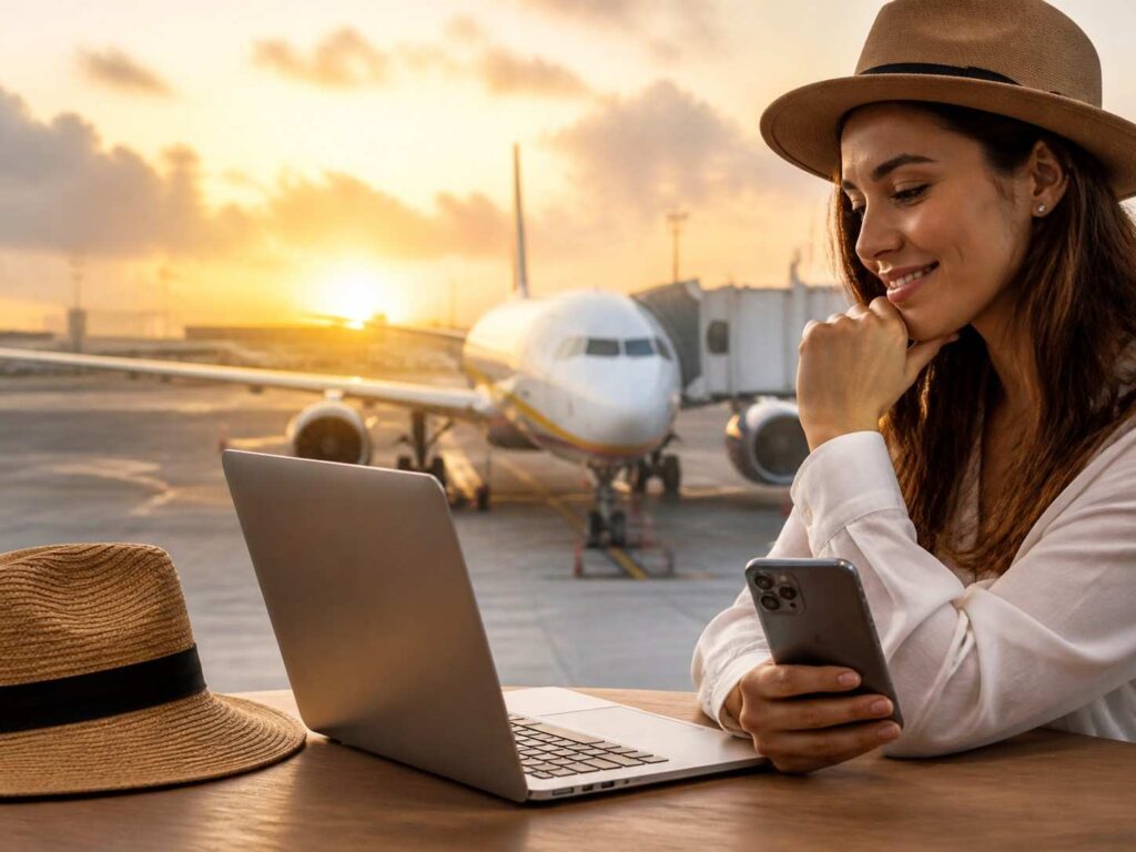 Traveler at an airport smiling while using a smartphone; a laptop sits on the table and a plane is parked at sunset in the background, with a straw hat nearby.