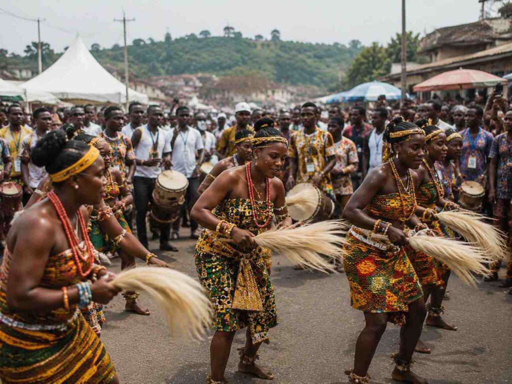 Group of dancers in colorful traditional attire performing a street festival, holding palm fronds