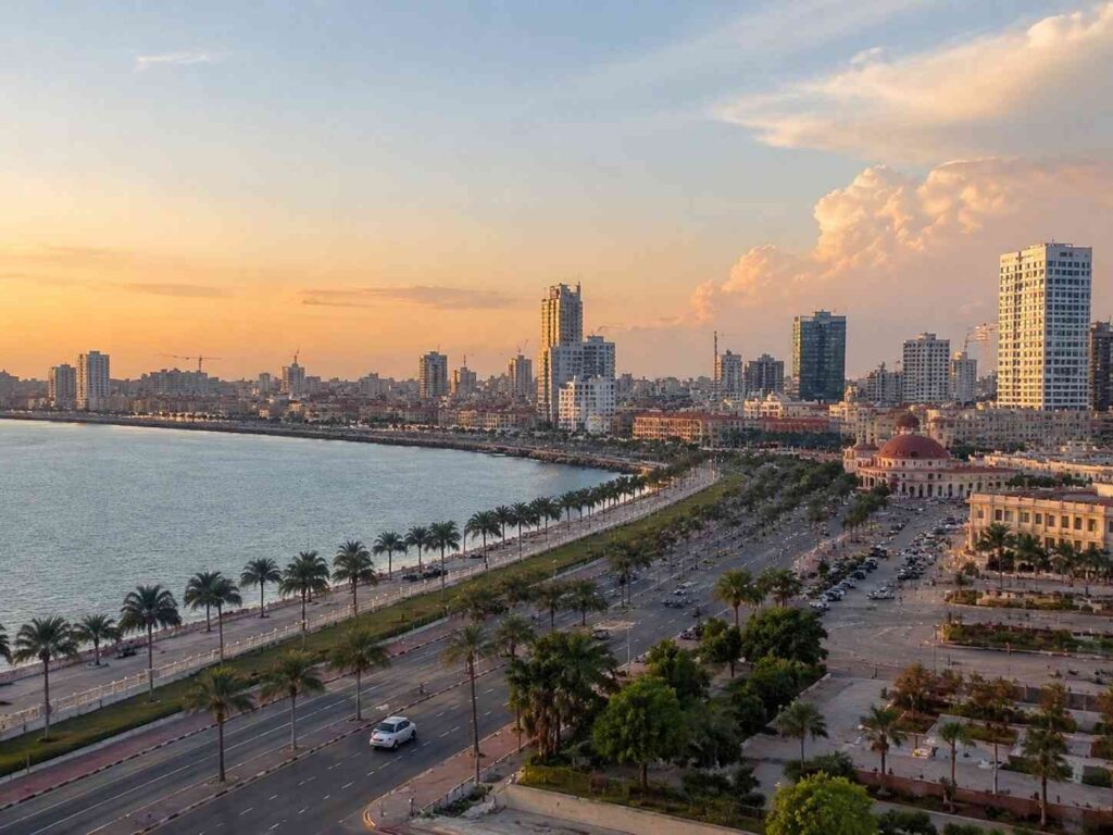 Sunset over a coastal city with a palm-lined promenade along the sea and high-rise buildings in the distance.