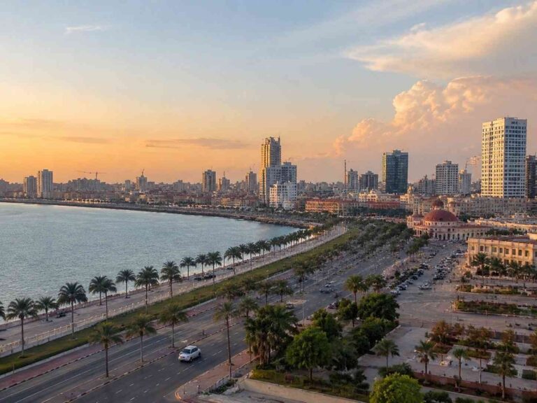 Sunset over a coastal city with a palm-lined promenade along the sea and high-rise buildings in the distance.