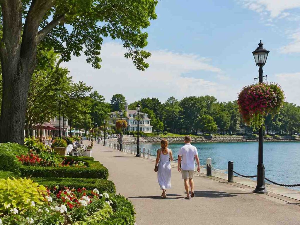 Couple walking along a sunlit lakeside promenade with flower beds and a decorative lamppost.