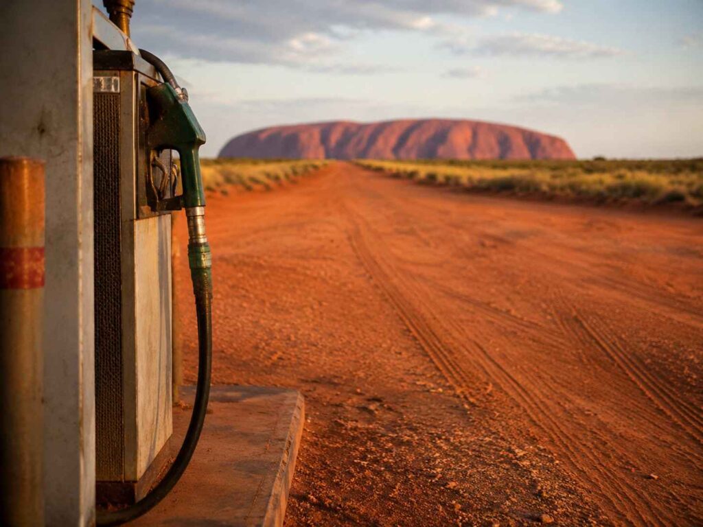 Gas pump at a remote outback station on a dusty road, with a distant red rock formation on the horizon.