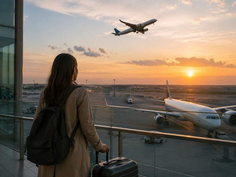 Back view of a traveler with a black backpack and rolling suitcase at an airport gate, watching a plane take off at sunset.