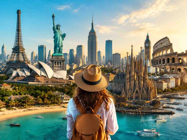 Traveler with a hat and backpack gazes at a skyline of world landmarks (Eiffel Tower, Statue of Liberty, Sydney Opera House, Colosseum).