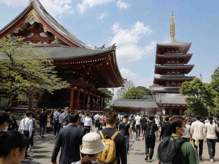 Crowded temple courtyard with a large traditional red building on the left and a multi-tiered pagoda on the right under a blue sky. People walk toward the temple, some wearing backpacks and hats.