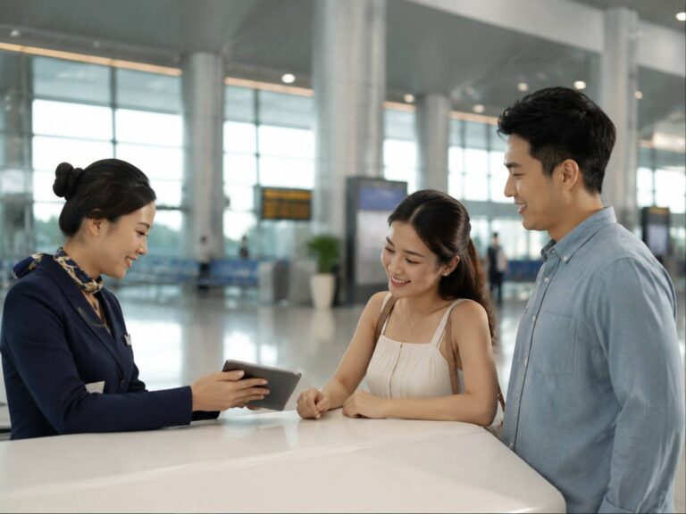 Receptionist helps a couple at a white counter using a tablet in a bright, modern airport or lobby setting.