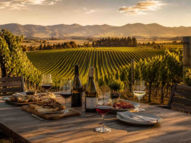 Outdoor vineyard at sunset with a dining table set for wine and cheese, bottles, glasses, and plates of food in the foreground.