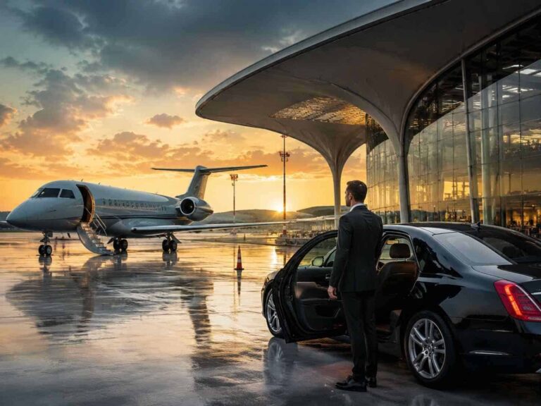 Man in a suit stands beside an open luxury car at a rain-wet airport tarmac, as a private jet sits at the gate at sunset.