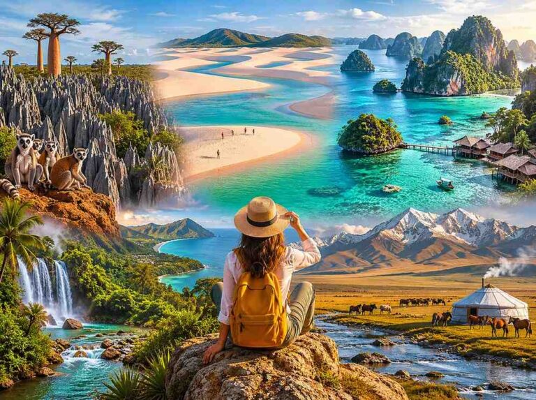 Traveler with a straw hat and yellow backpack sits on a rock, overlooking a collage of world landscapes—beach, mountains, waterfalls, desert, and coast