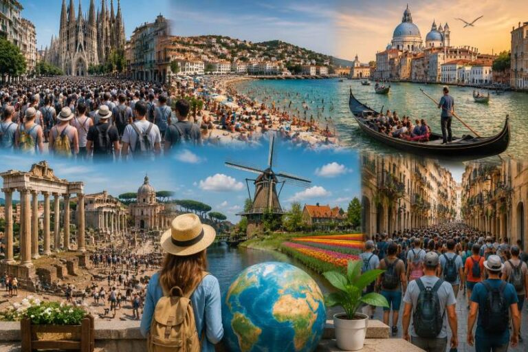 Collage of popular travel scenes: crowds at a cathedral square, a sunny beach with umbrellas and a gondola on the water, ancient ruins with a traveler, a windmill by a river, and a colorful European street with a globe in the foreground.