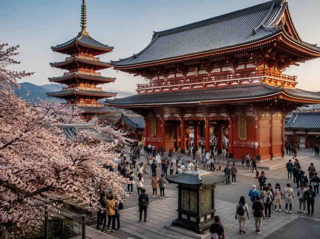 Temple complex in Japan with a red gate, a multi-tiered pagoda, and cherry blossoms in bloom as crowds explore the courtyard.