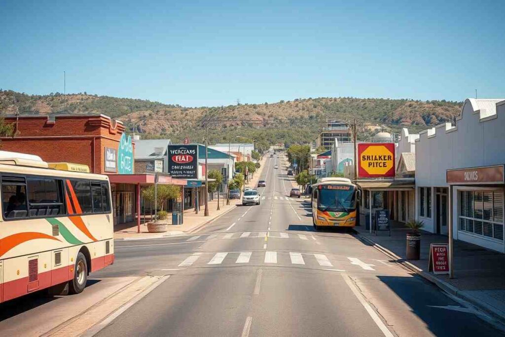 Sunny small-town main street with a zebra crossing and two buses parked on opposite sides, colorful storefronts along the curb, hills in the background.