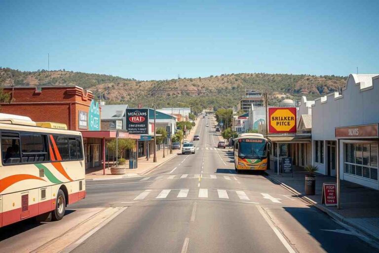 Sunny small-town main street with a zebra crossing and two buses parked on opposite sides, colorful storefronts along the curb, hills in the background.