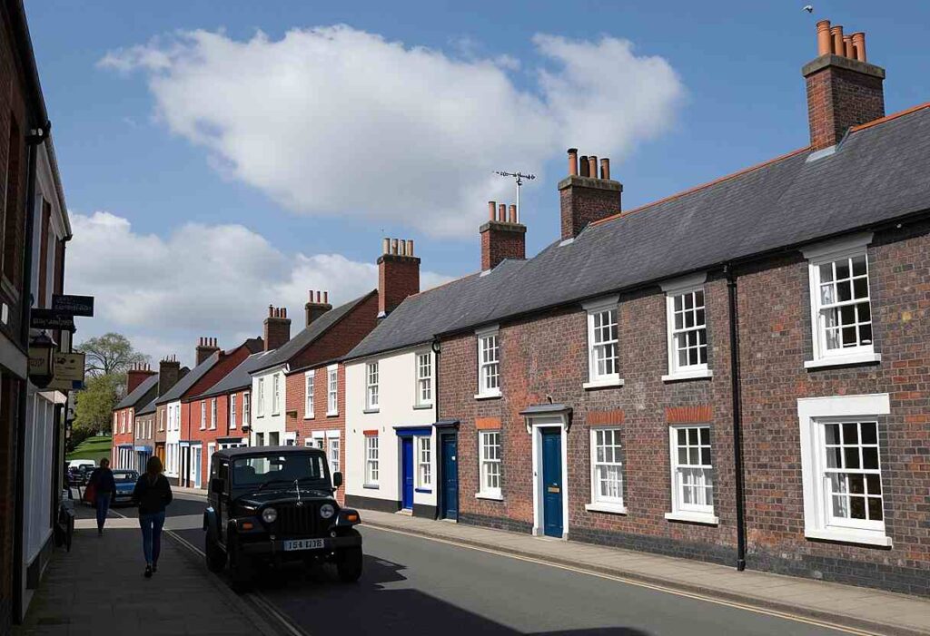 Sunny street with brick terraced houses, blue doors, chimneys, and a black jeep on the road with pedestrians nearby.