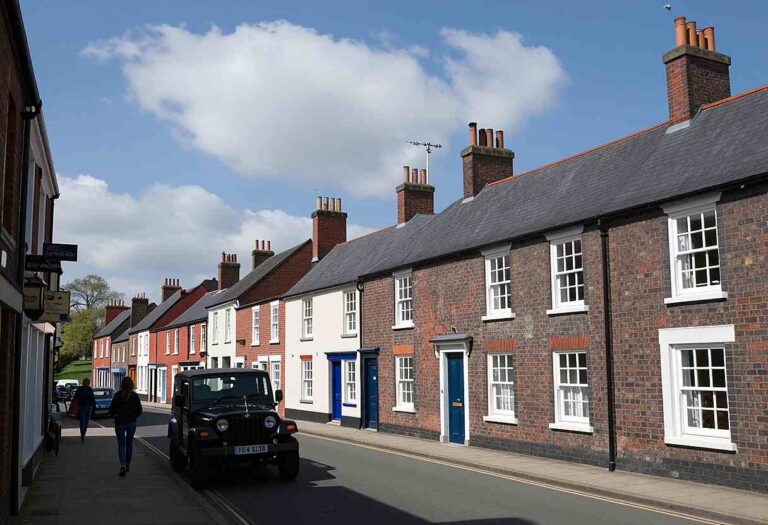 Sunny street with brick terraced houses, blue doors, chimneys, and a black jeep on the road with pedestrians nearby.