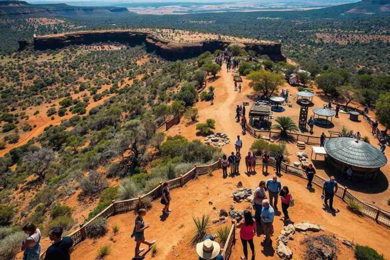 Visitors walk along a dusty overlook in a desert canyon, with rocky cliffs and sparse trees under a blue sky.