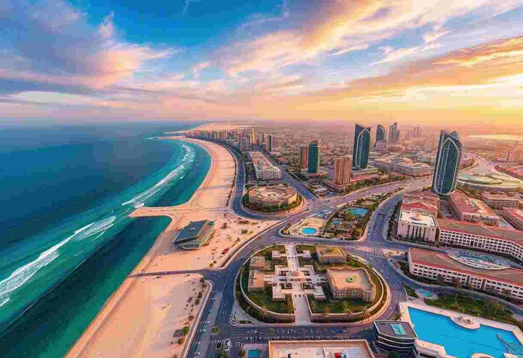 Aerial view of a seaside city with a long sandy beach, turquoise water, and a cluster of modern high-rise buildings along the shore.