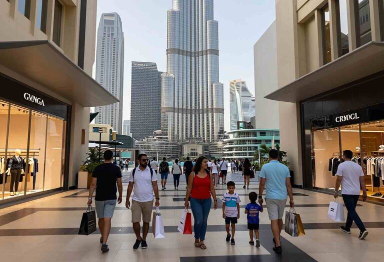 Shoppers walk through a bright mall corridor lined with fashion stores, with tall city skyscrapers visible in the background outside the atrium.