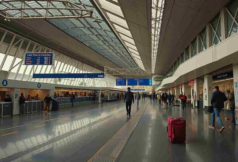 Spacious airport terminal with a glass roof, blue information signs, and travelers walking past check-in desks on the left; a pink/red rolling suitcase sits in the foreground on a polished floor.