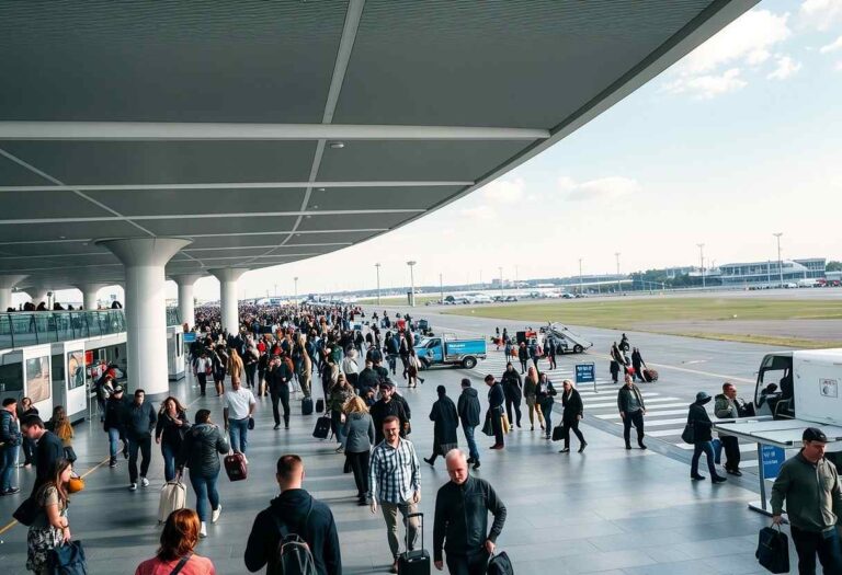 Crowded airport concourse with travelers and rolling suitcases under a curved, covered ceiling.