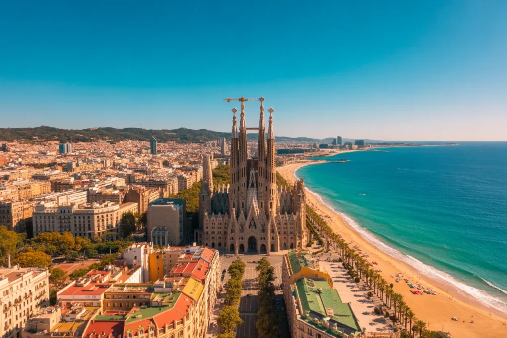 Aerial view of Sagrada Família in Barcelona beside a sandy beach and turquoise sea.