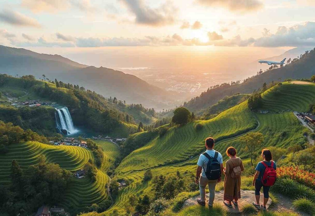 Three hikers with backpacks overlook lush terraced rice fields at sunset, with a waterfall and distant town in view.