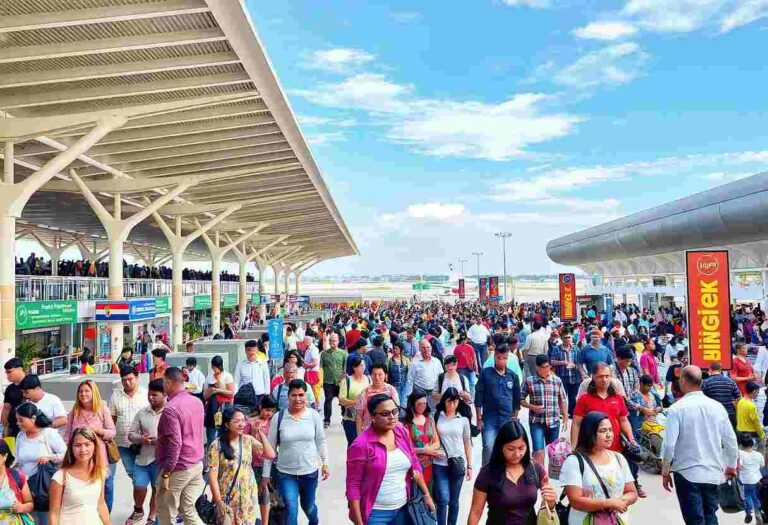 Crowded walkway at a busy airport terminal with a long covered concourse and many travelers.