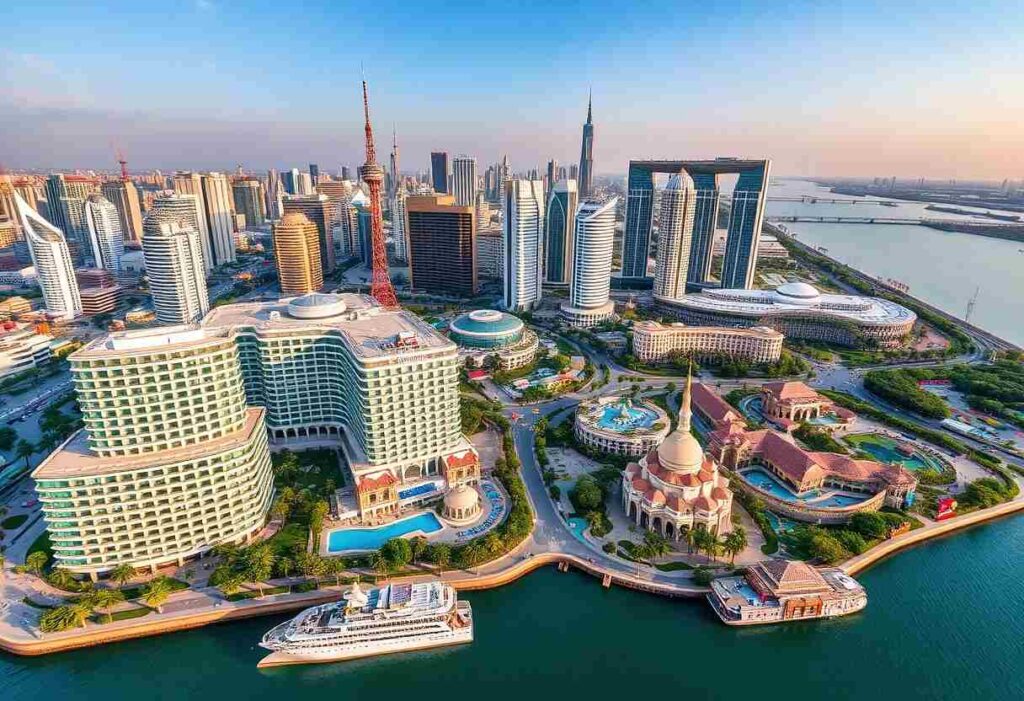 Aerial view of a modern riverfront city with high-rise towers, a domed mosque, and a large yacht docked along the waterfront.