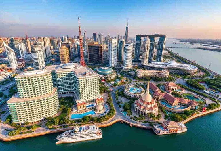 Aerial view of a modern riverfront city with high-rise towers, a domed mosque, and a large yacht docked along the waterfront.