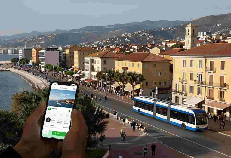 Person holding a smartphone displaying a transit app while a blue and white tram passes along a seaside town street.