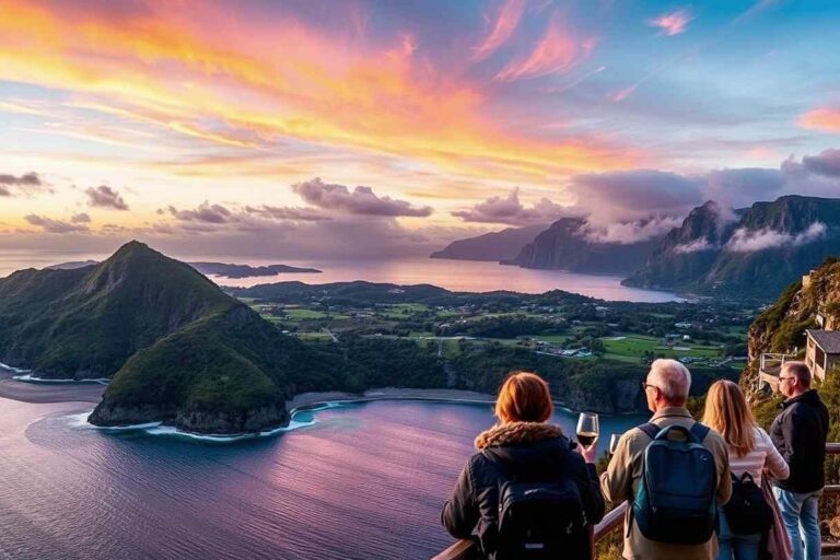 Group of four adults with backpacks, seen from behind, toasting wine glasses while overlooking a coastal valley at sunset with mountains and islands in the distance.
