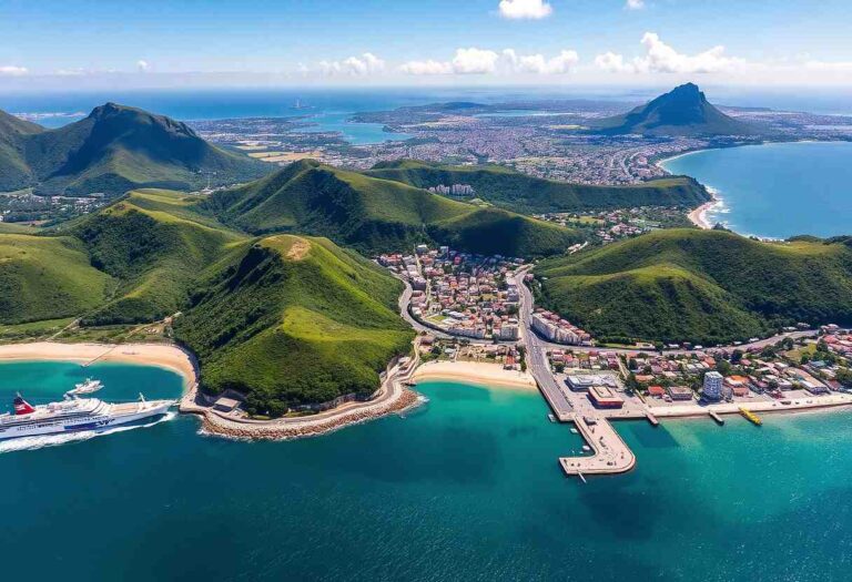 Aerial view of a coastal valley with green hills, a marina, and turquoise water; a large cruise ship docked at a curved breakwater while a city spreads along the shore in the distance.