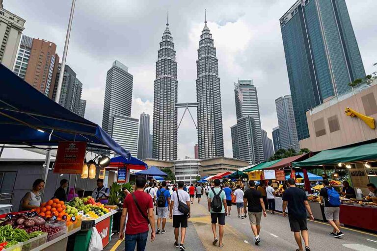 Crowded outdoor market along a street with colorful fruit stalls, with the Petronas Towers rising in the background in Kuala Lumpur.
