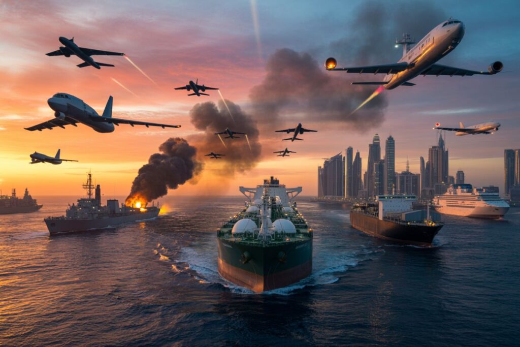 Fleet of ships and aircraft engaged in a dramatic sunset naval battle, with smoke plumes, fires, and a distant city skyline.