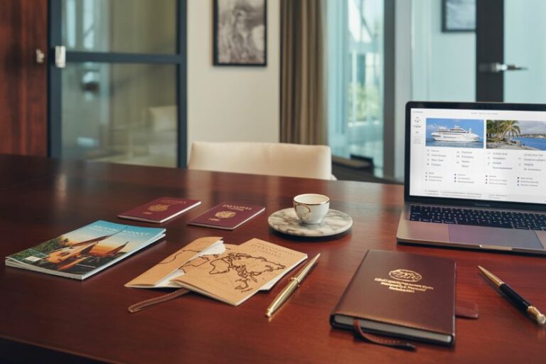 Conference table setup for travel planning: passports, a map notebook, brochures, pens, a cup on a marble coaster, and a laptop showing a travel site.