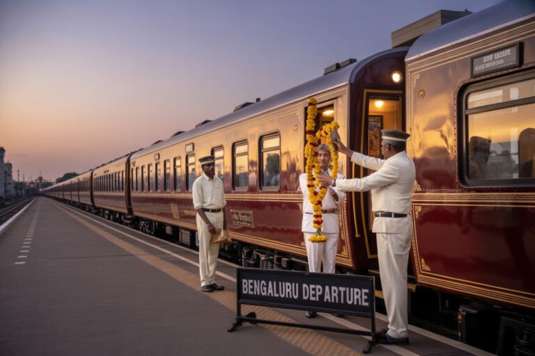Railway staff in white uniforms celebrate a train departure by placing flower garlands on a passenger train at sunset.