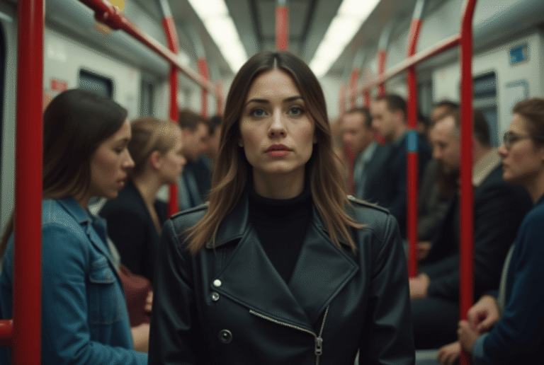 Young woman in a black leather jacket standing in a subway car, surrounded by seated and standing passengers in the background.