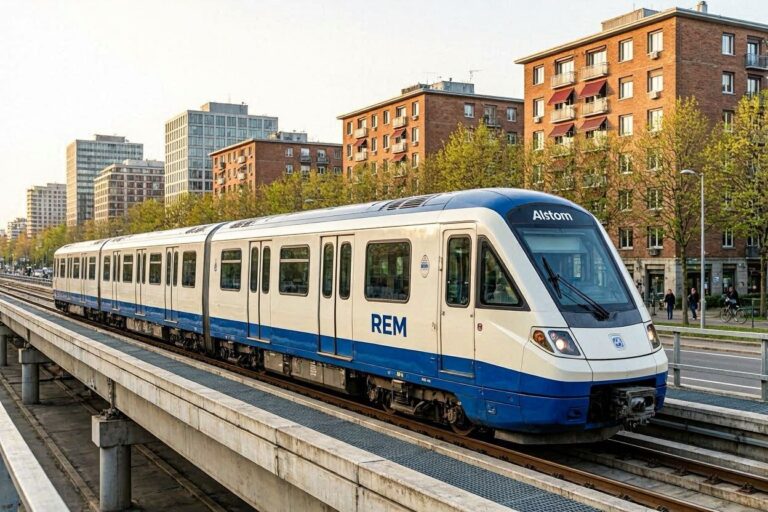 Alstom REM metro train in white and blue on an elevated track in a city with brick apartment buildings behind it
