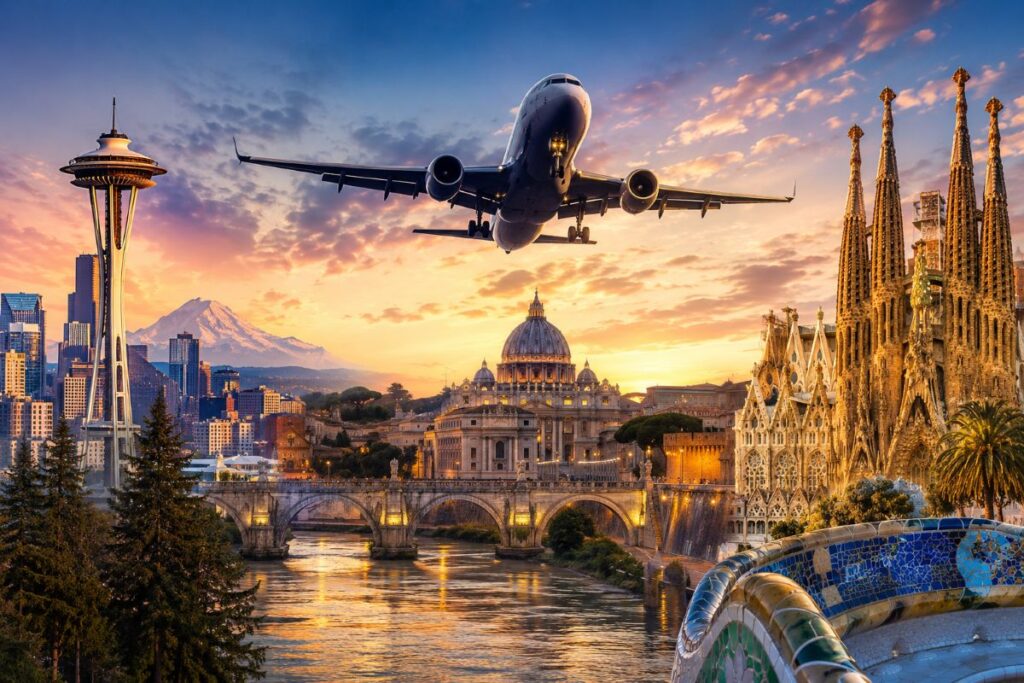 Composite sunset cityscape with a passenger plane flying overhead, featuring Seattle's Space Needle, Mount Rainier, Rome's St. Peter's Basilica and Barcelona's Sagrada Família in a montage of landmarks.