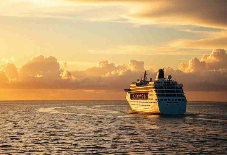 Cruise ship sailing on calm ocean at sunset with orange sky and clouds in the distance